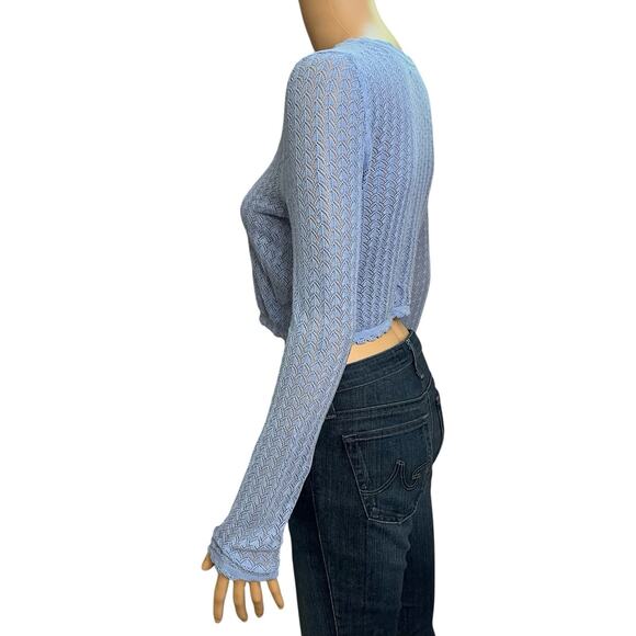 Boden Pointelle Cropped Cardigan XS Long Sleeve Light Blue Cottagecore Coquette - Picture 3 of 10